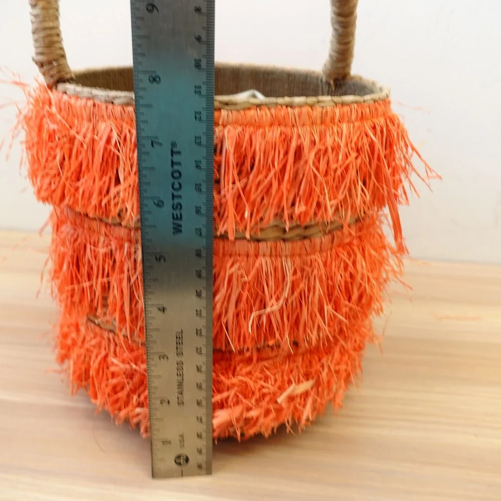 Orange Fringe‎ Straw Bucket Bag Natural Tan Basket Tote Summer Beach Boho KAYU